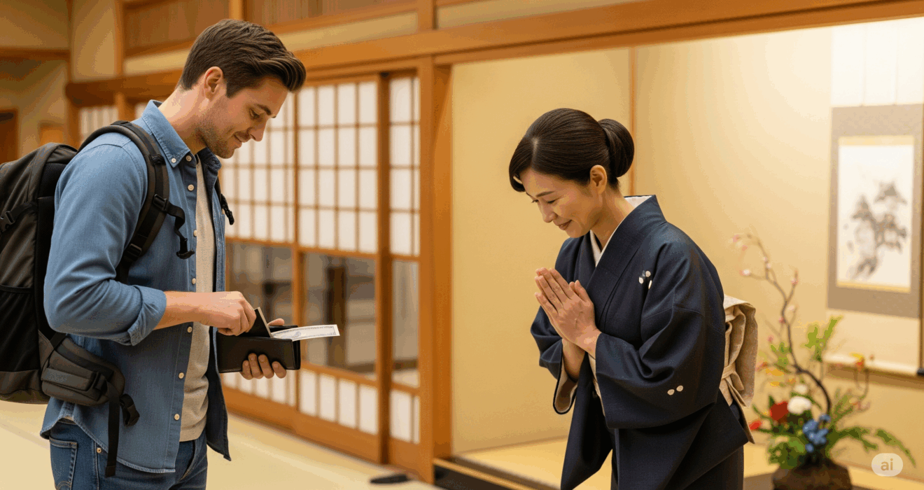 日本人従業員にチップを渡す観光客